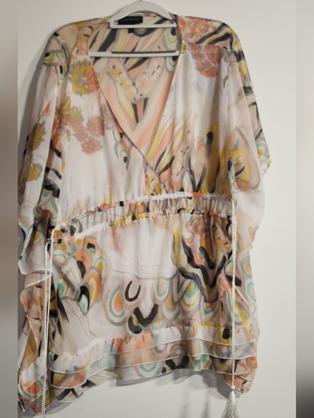 🧡🩷Lane Bryant🤍 Sheer Multicolor Peach & White Floral Blouse Cape Style 18/20